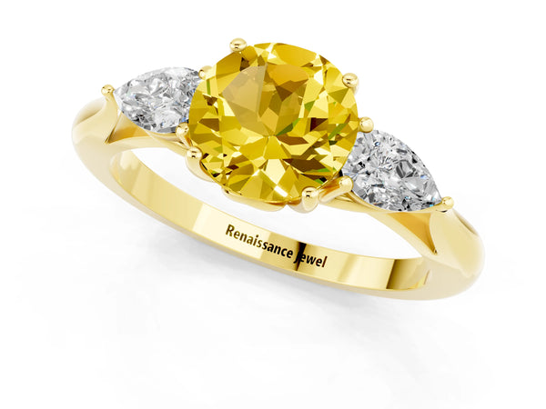 Yellow gold Three-Stone Round Cut Yellow Sapphire Ring with Pear  Side Stones in Four-Prong Setting