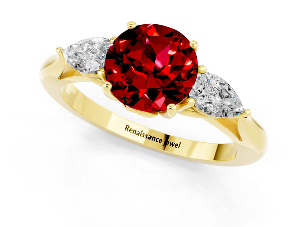 Yellow gold Three-Stone Round Cut Cut Diamond Ring with Pear Side Stones in Four-Prong Setting