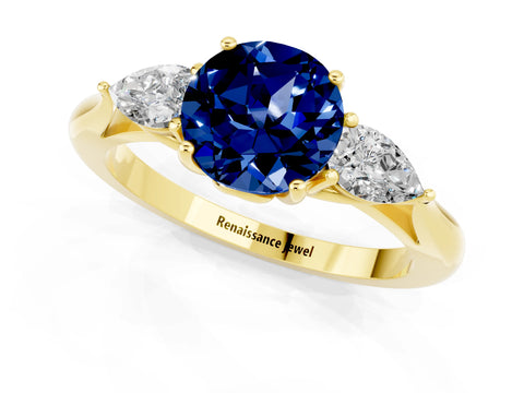 Yellow gold Three-Stone Round Cut Cut Diamond Ring with Pear Side Stones in Four-Prong Setting_1