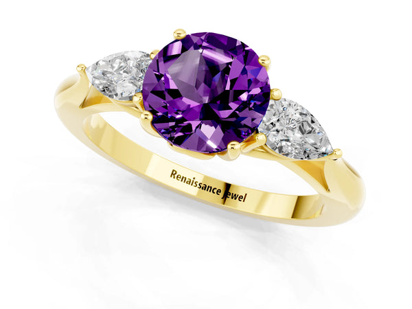 Yellow gold Three-Stone Round Cut Amethyst Ring with Pear  Side Stones in Four-Prong Setting