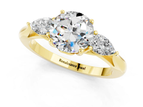 Yellow gold Three-Stone Round Cut Cut Diamond Ring with Pear Side Stones in Four-Prong Setting_1