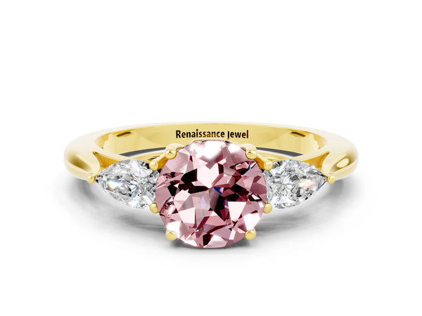 Yellow gold Three-Stone Round Cut Cut Diamond Ring with Pear Side Stones in Four-Prong Setting