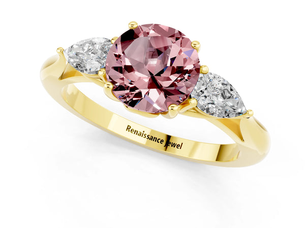 Yellow gold Three-Stone Round Cut Cut Diamond Ring with Pear Side Stones in Four-Prong Setting