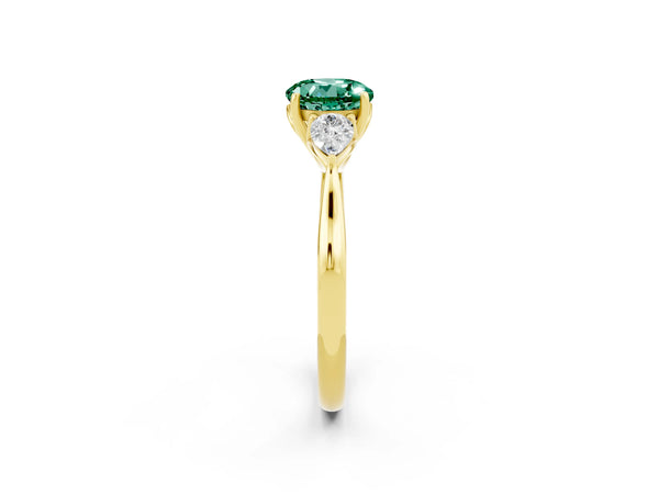 Yellow gold Three-Stone Round Cut Green Sapphire Ring with Pear  Side Stones in Four-Prong Setting