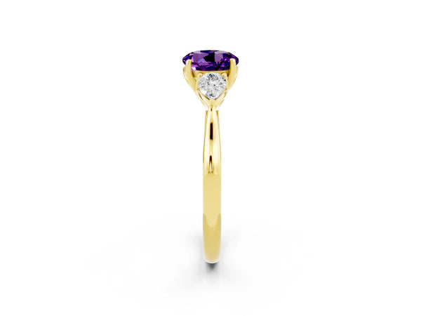 Yellow gold Three-Stone Round Cut Amethyst Ring with Pear  Side Stones in Four-Prong Setting