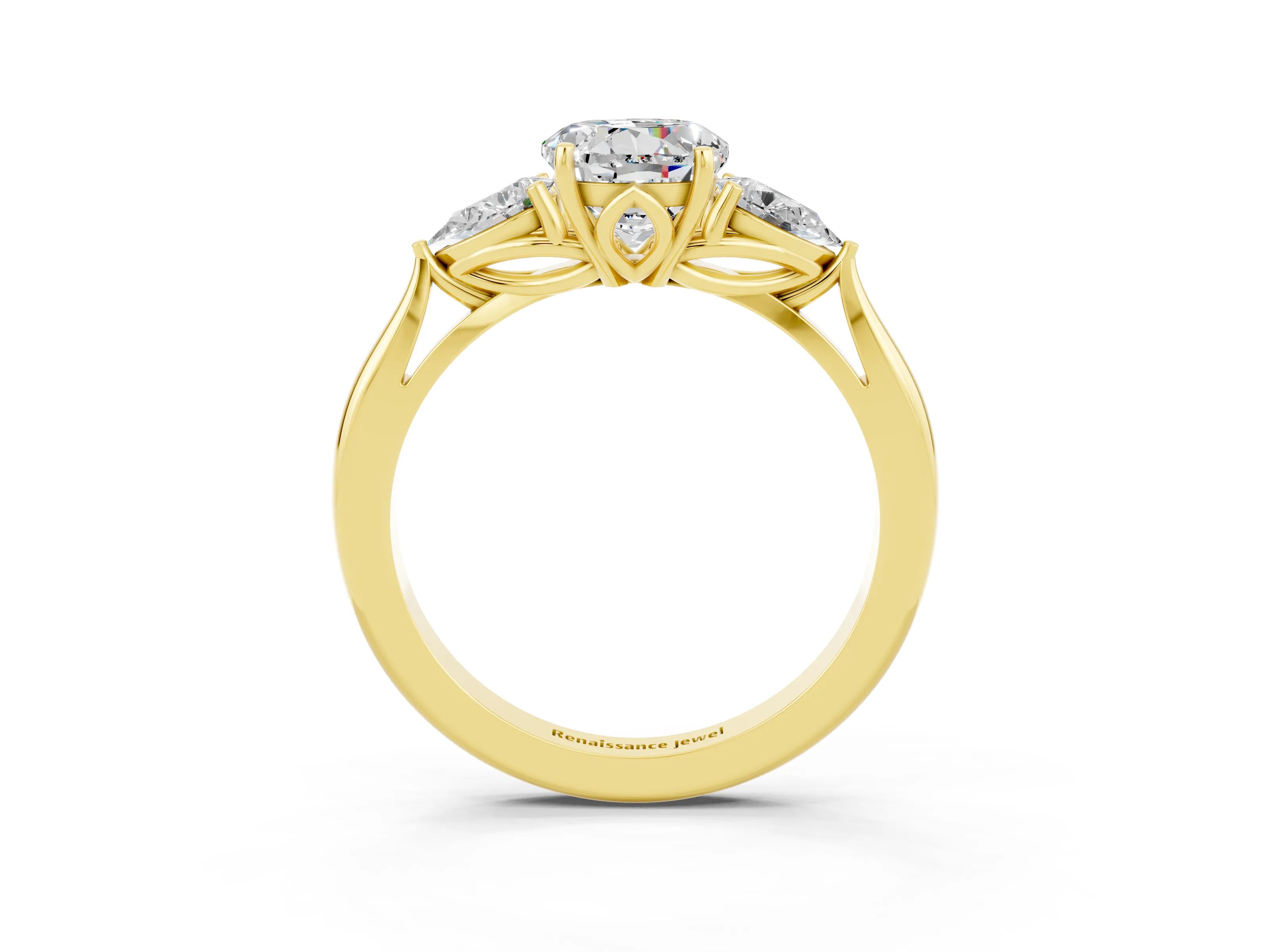 Yellow gold Three-Stone Round Cut Cut Diamond Ring with Pear Side Stones in Four-Prong Setting_3