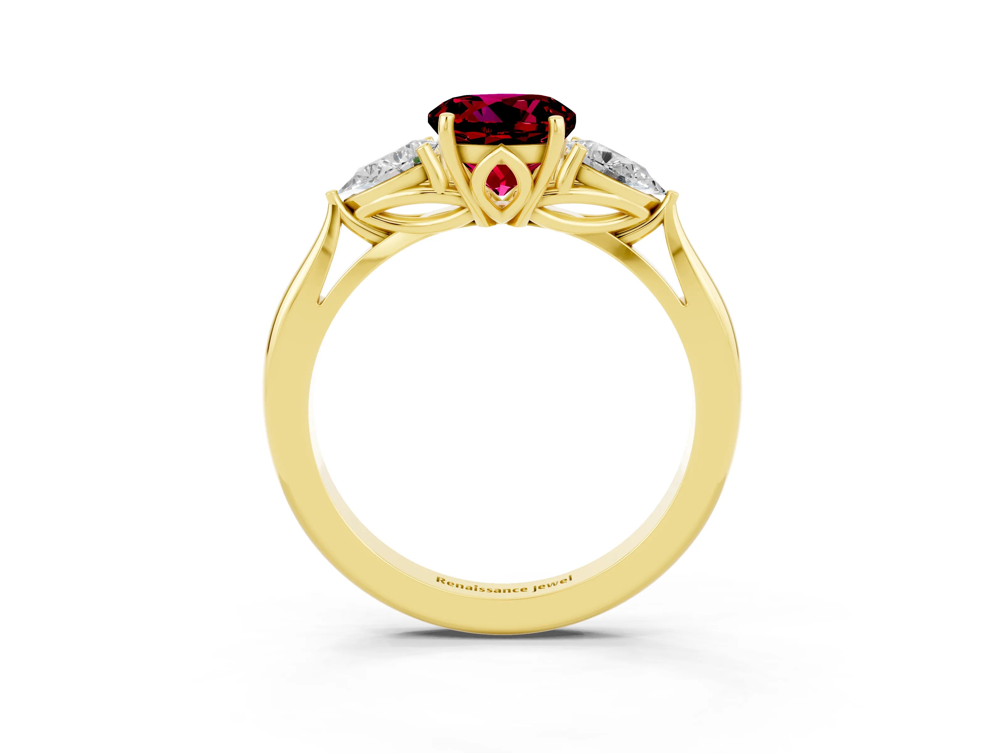Yellow gold Three-Stone Round Cut Cut Diamond Ring with Pear Side Stones in Four-Prong Setting_3