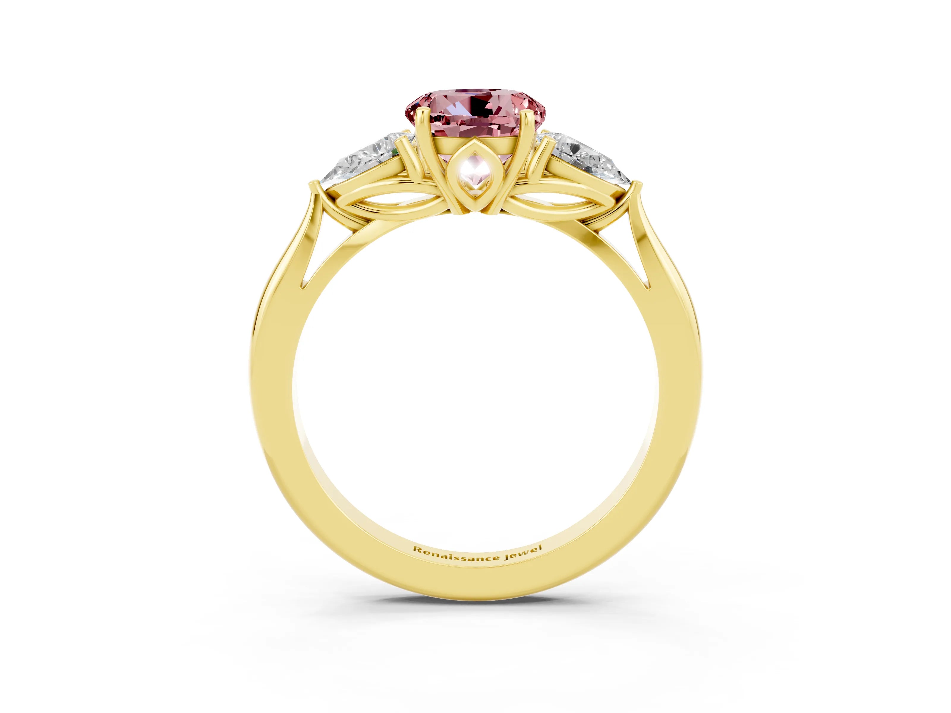 Yellow gold Three-Stone Round Cut Cut Diamond Ring with Pear Side Stones in Four-Prong Setting_3