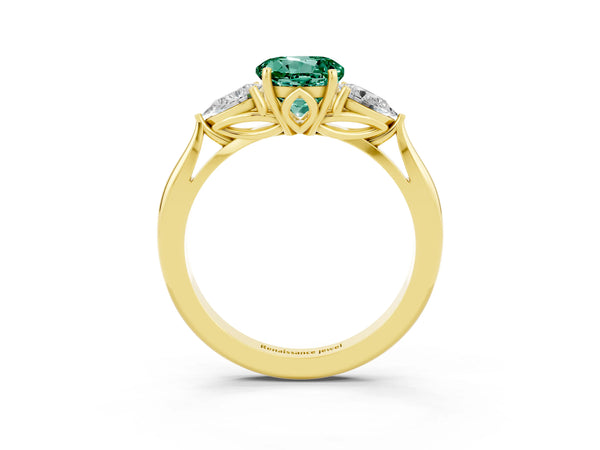 Yellow gold Three-Stone Round Cut Green Sapphire Ring with Pear  Side Stones in Four-Prong Setting