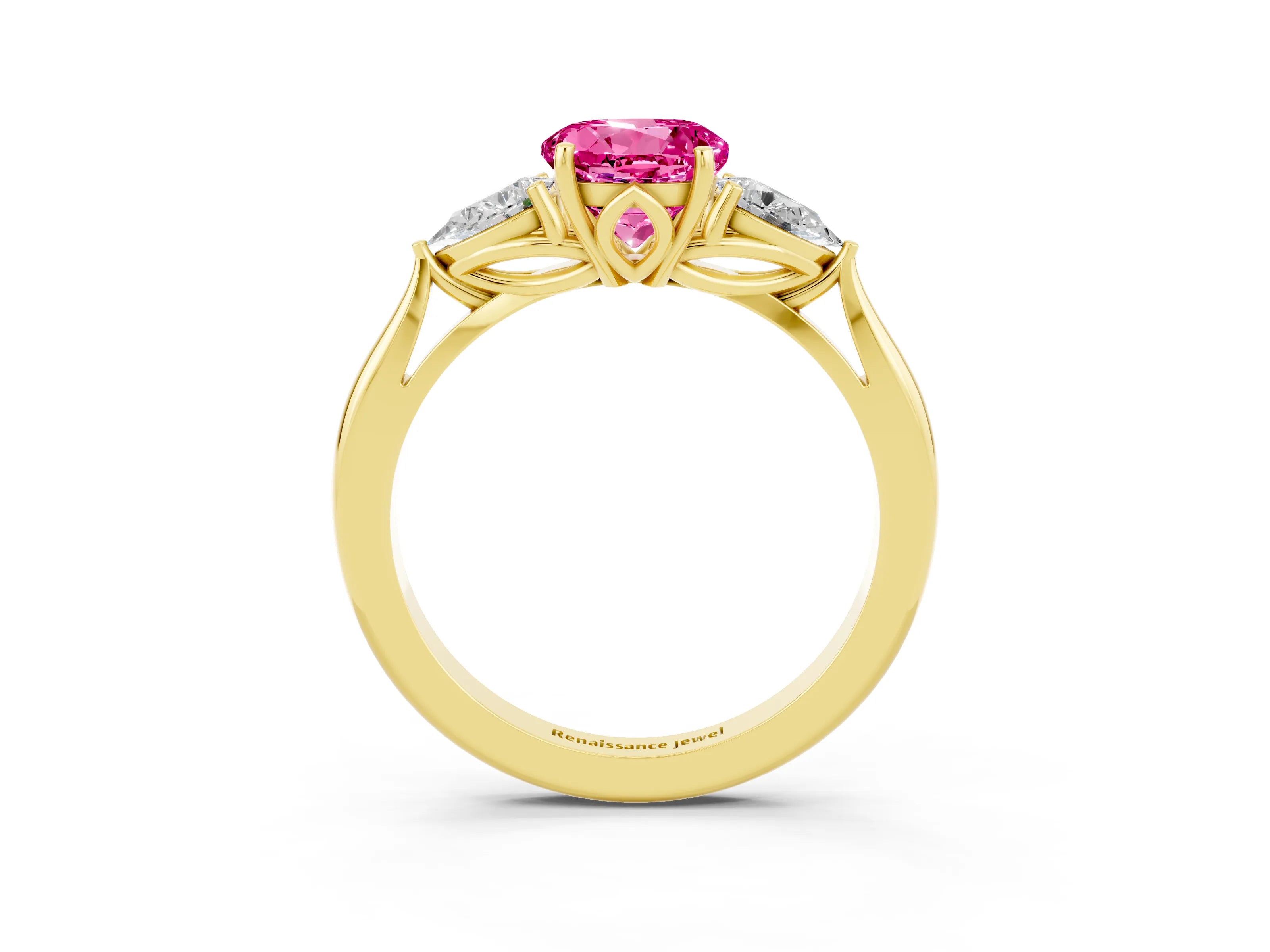 Yellow gold Three-Stone Round Cut Cut Diamond Ring with Pear Side Stones in Four-Prong Setting_3