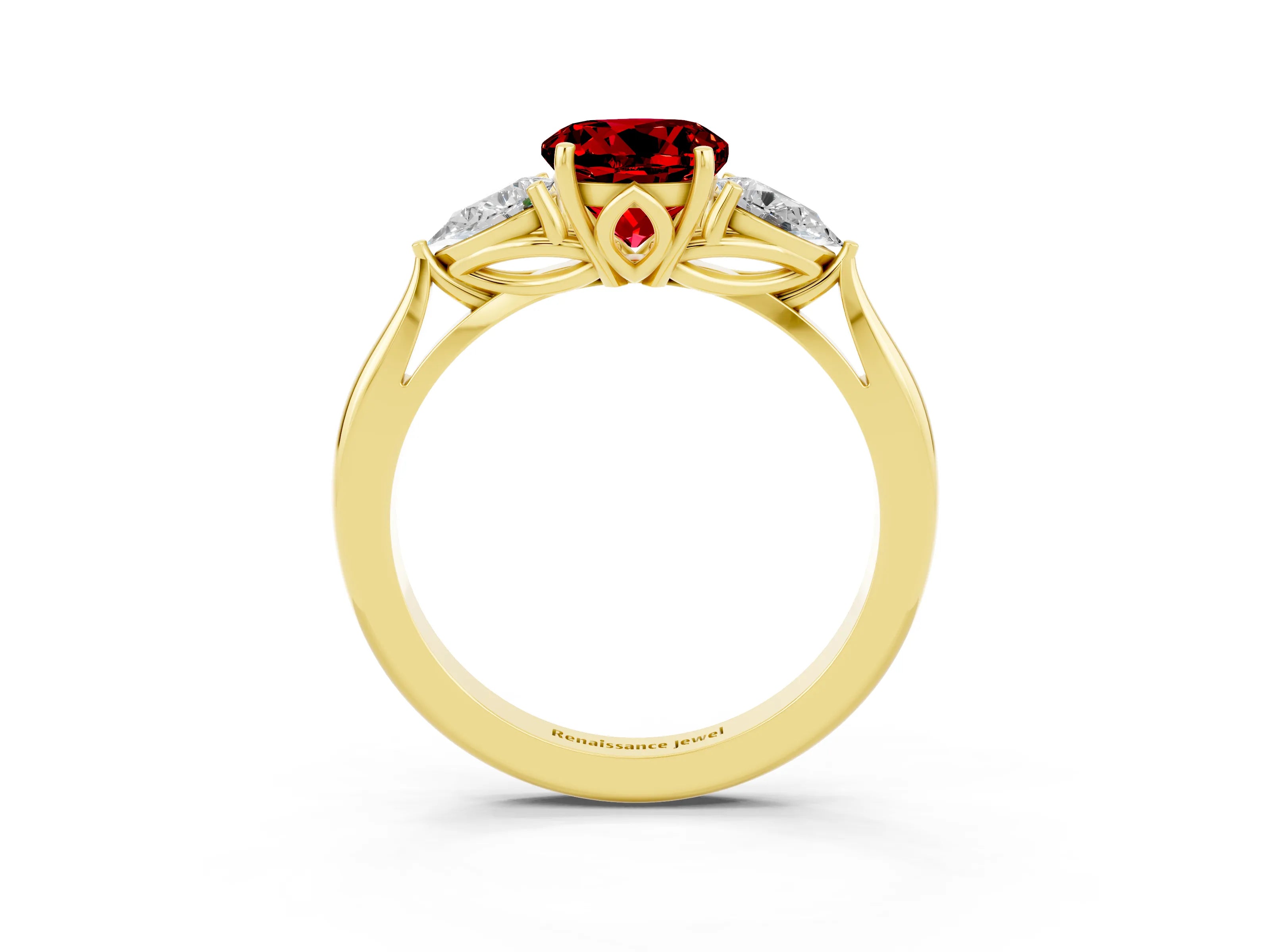 Yellow gold Three-Stone Round Cut Cut Diamond Ring with Pear Side Stones in Four-Prong Setting_3