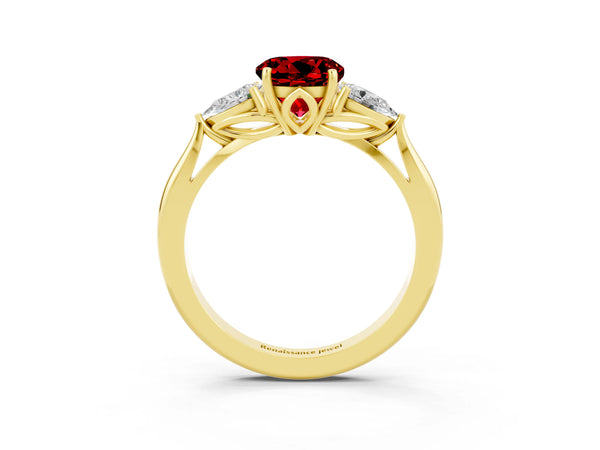 Yellow gold Three-Stone Round Cut Cut Diamond Ring with Pear Side Stones in Four-Prong Setting