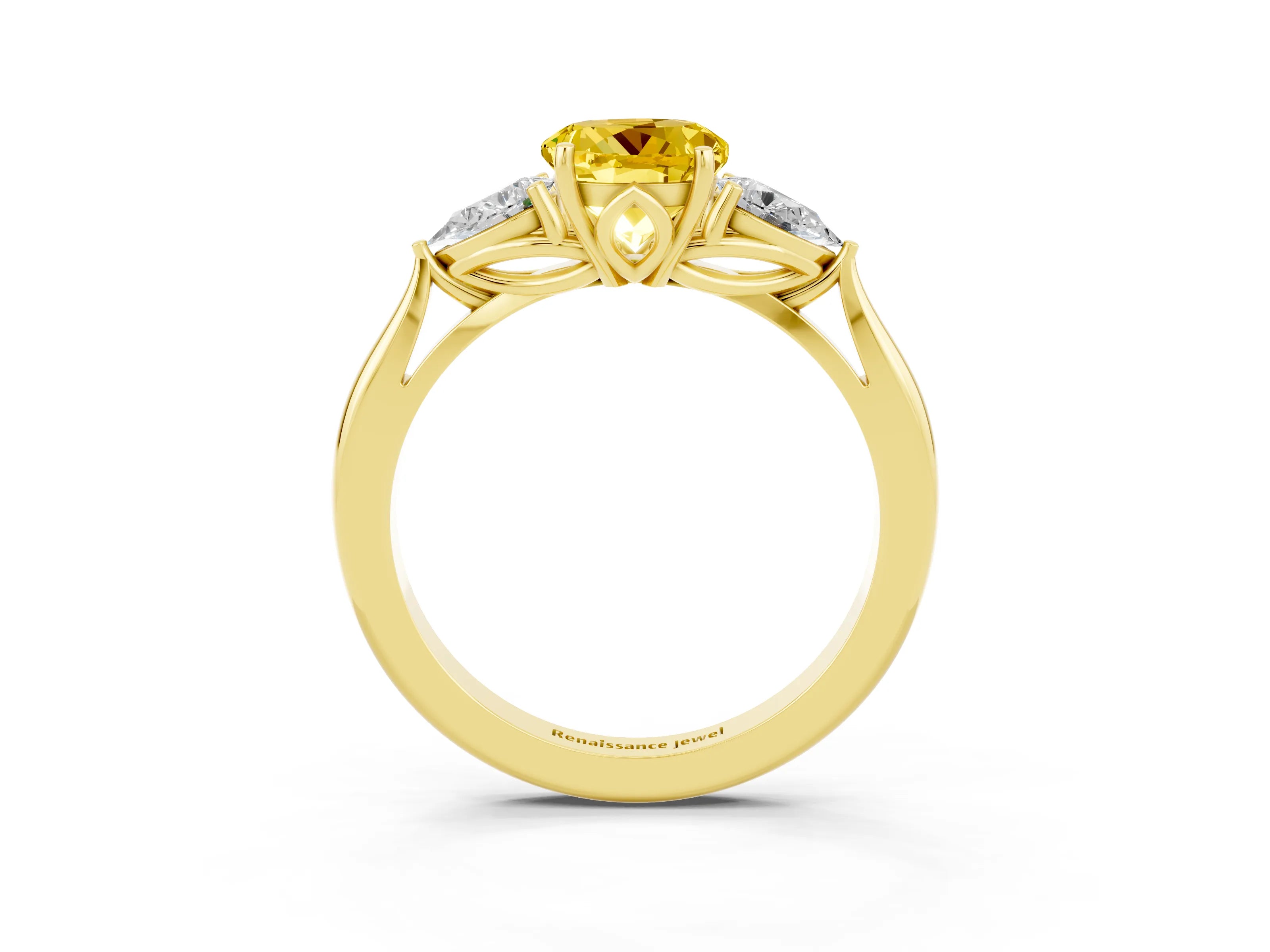 Yellow gold Three-Stone Round Cut Cut Diamond Ring with Pear Side Stones in Four-Prong Setting_3