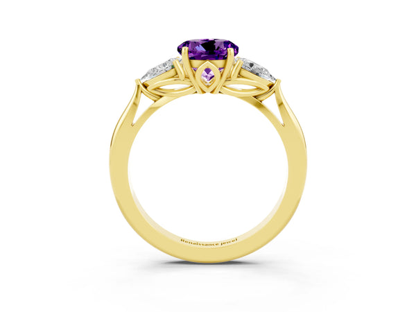 Yellow gold Three-Stone Round Cut Amethyst Ring with Pear  Side Stones in Four-Prong Setting
