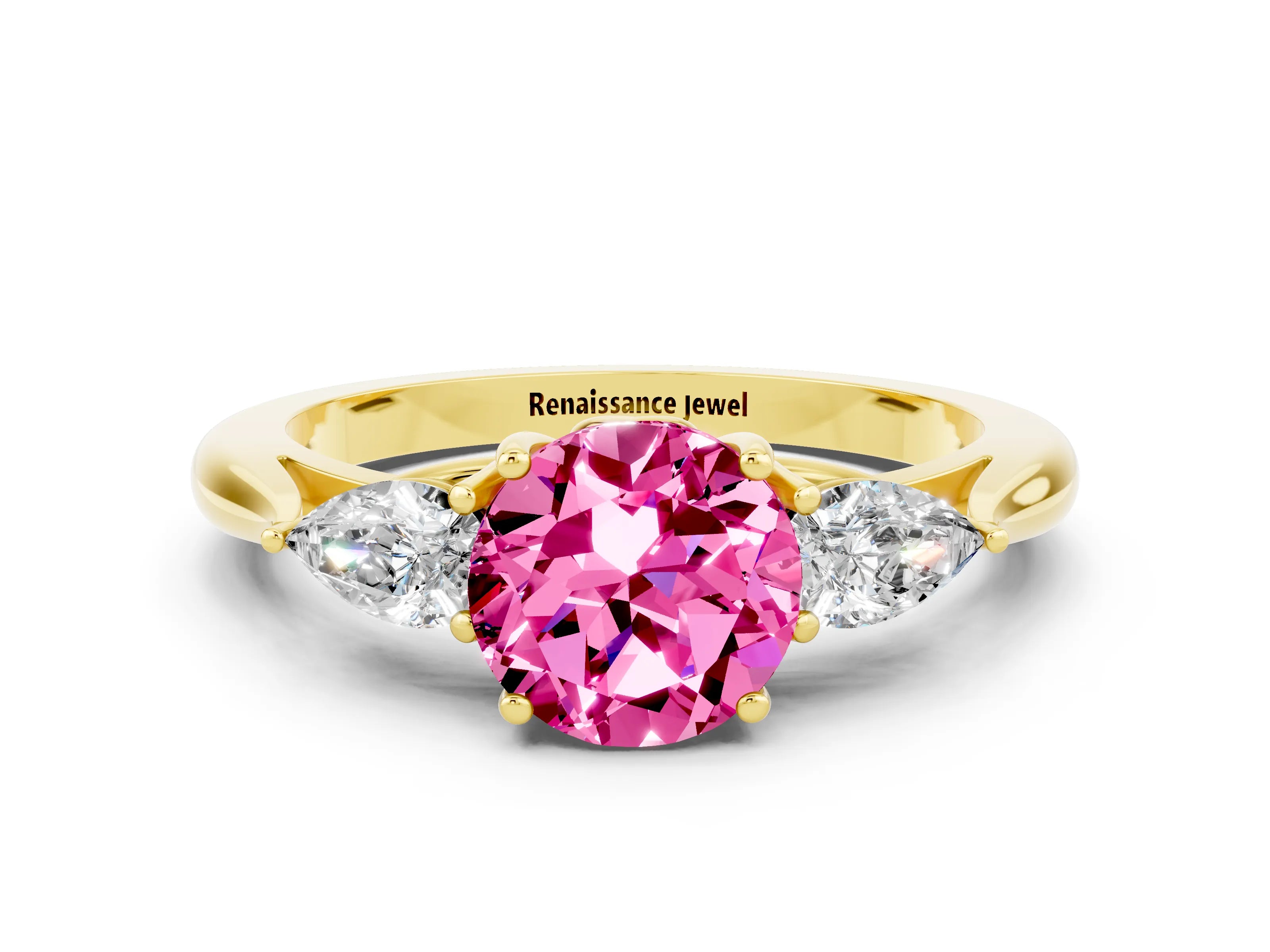Yellow gold Three-Stone Round Cut Cut Diamond Ring with Pear Side Stones in Four-Prong Setting