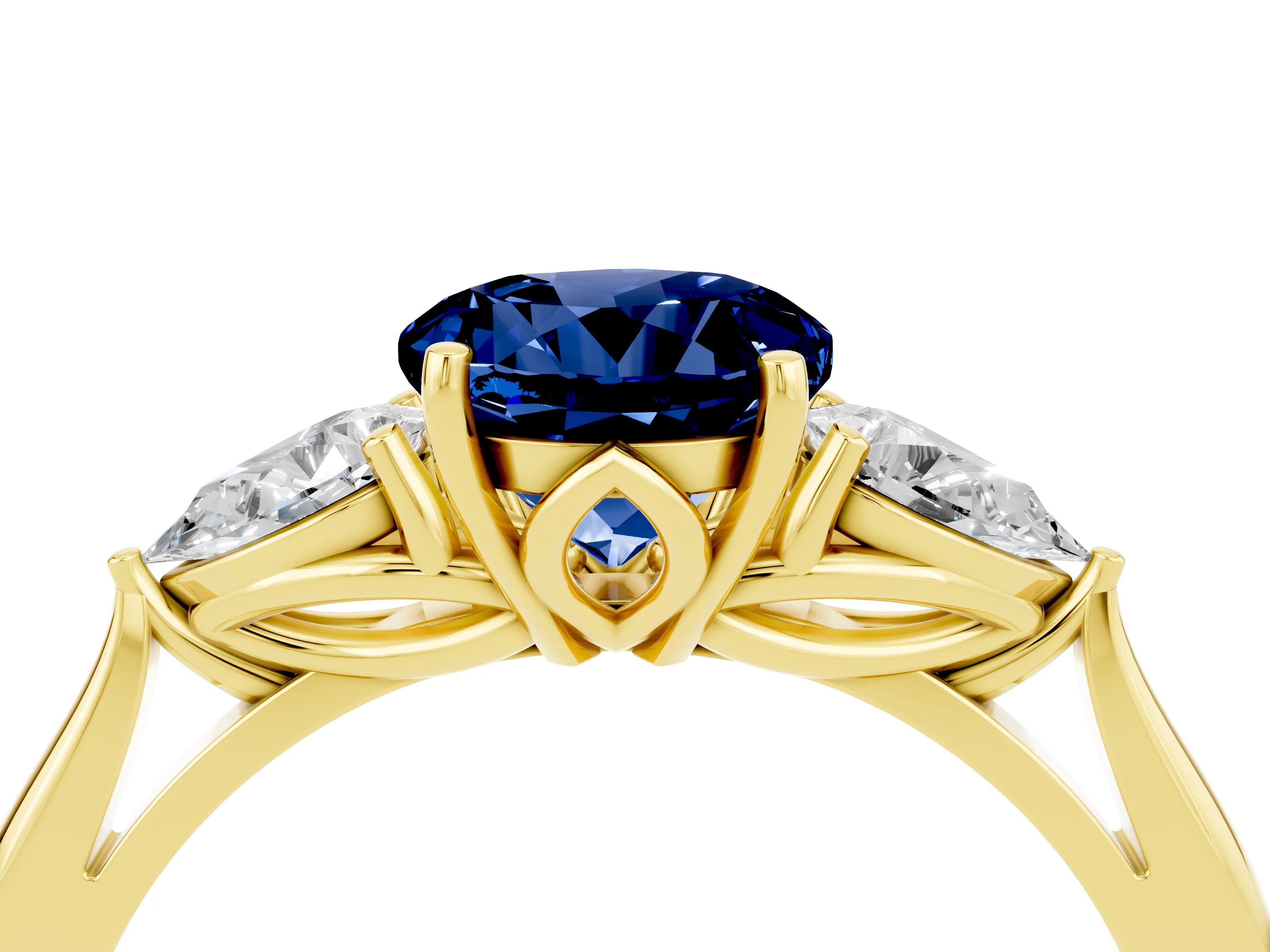 Yellow gold Three-Stone Round Cut Cut Diamond Ring with Pear Side Stones in Four-Prong Setting_4