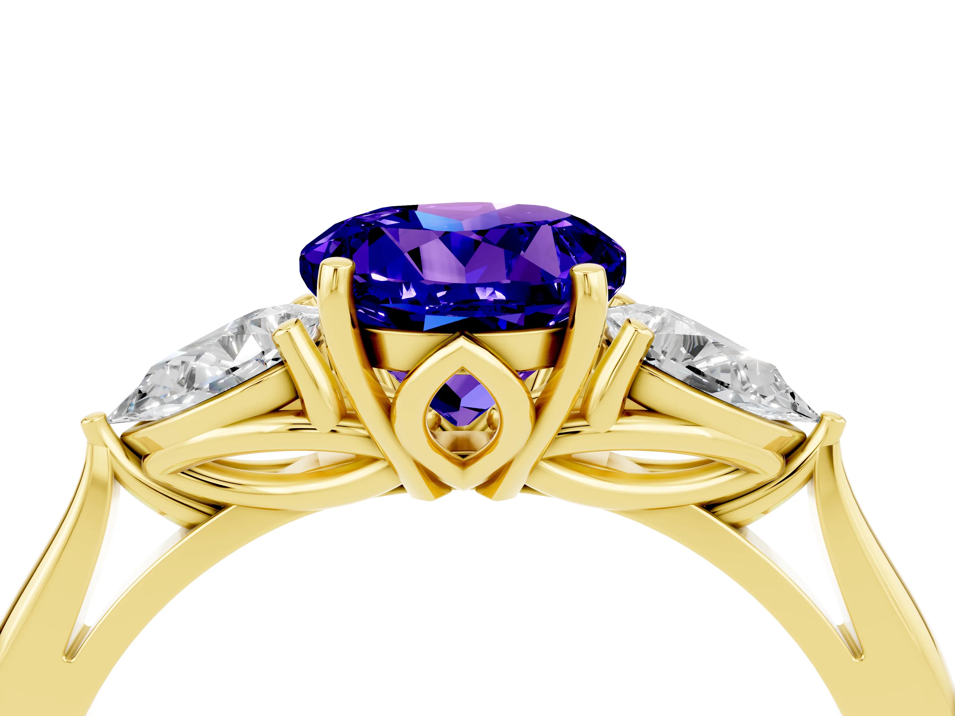 Yellow gold Three-Stone Round Cut Cut Diamond Ring with Pear Side Stones in Four-Prong Setting_4