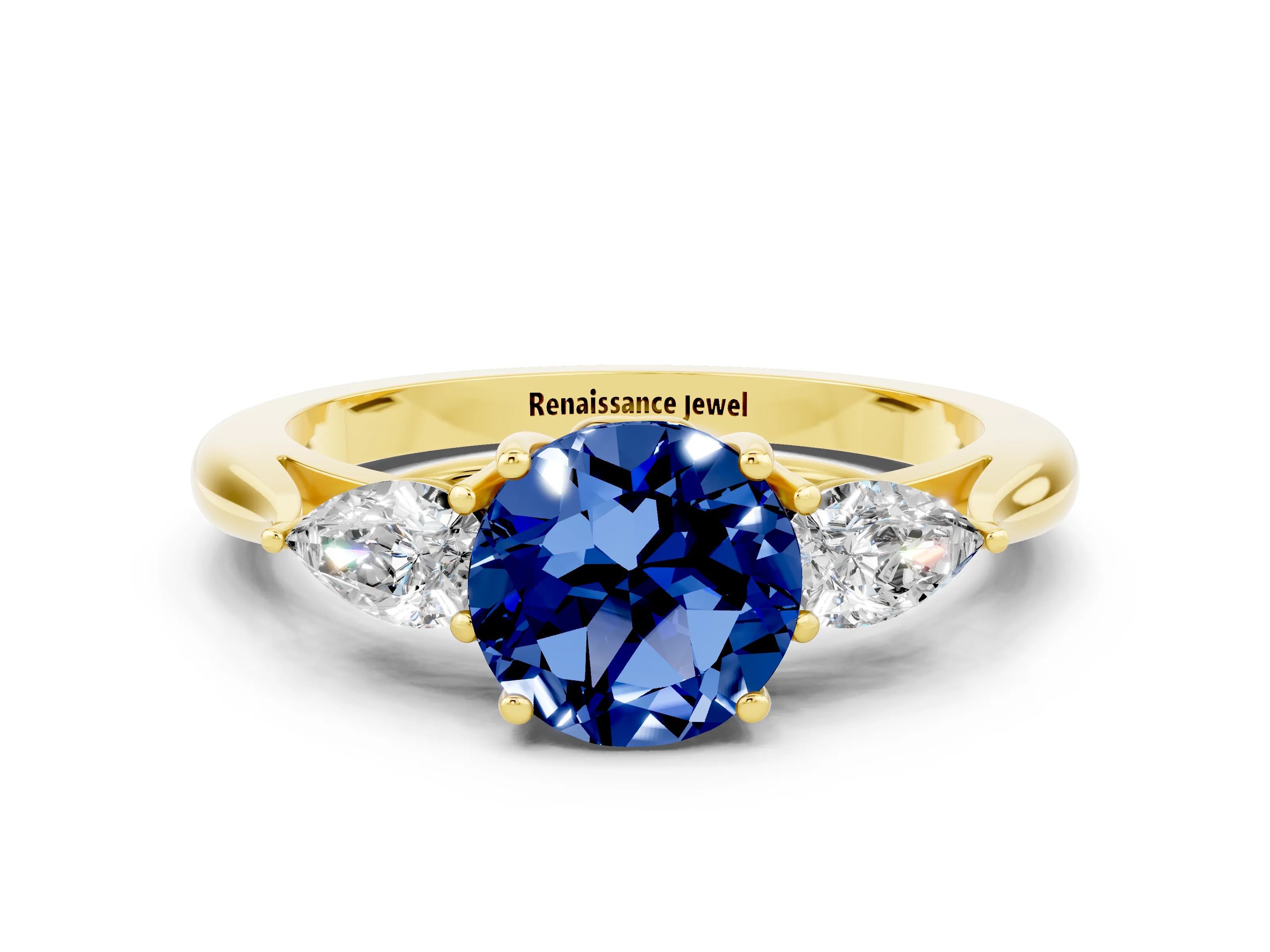 Yellow gold Three-Stone Round Cut Cut Diamond Ring with Pear Side Stones in Four-Prong Setting