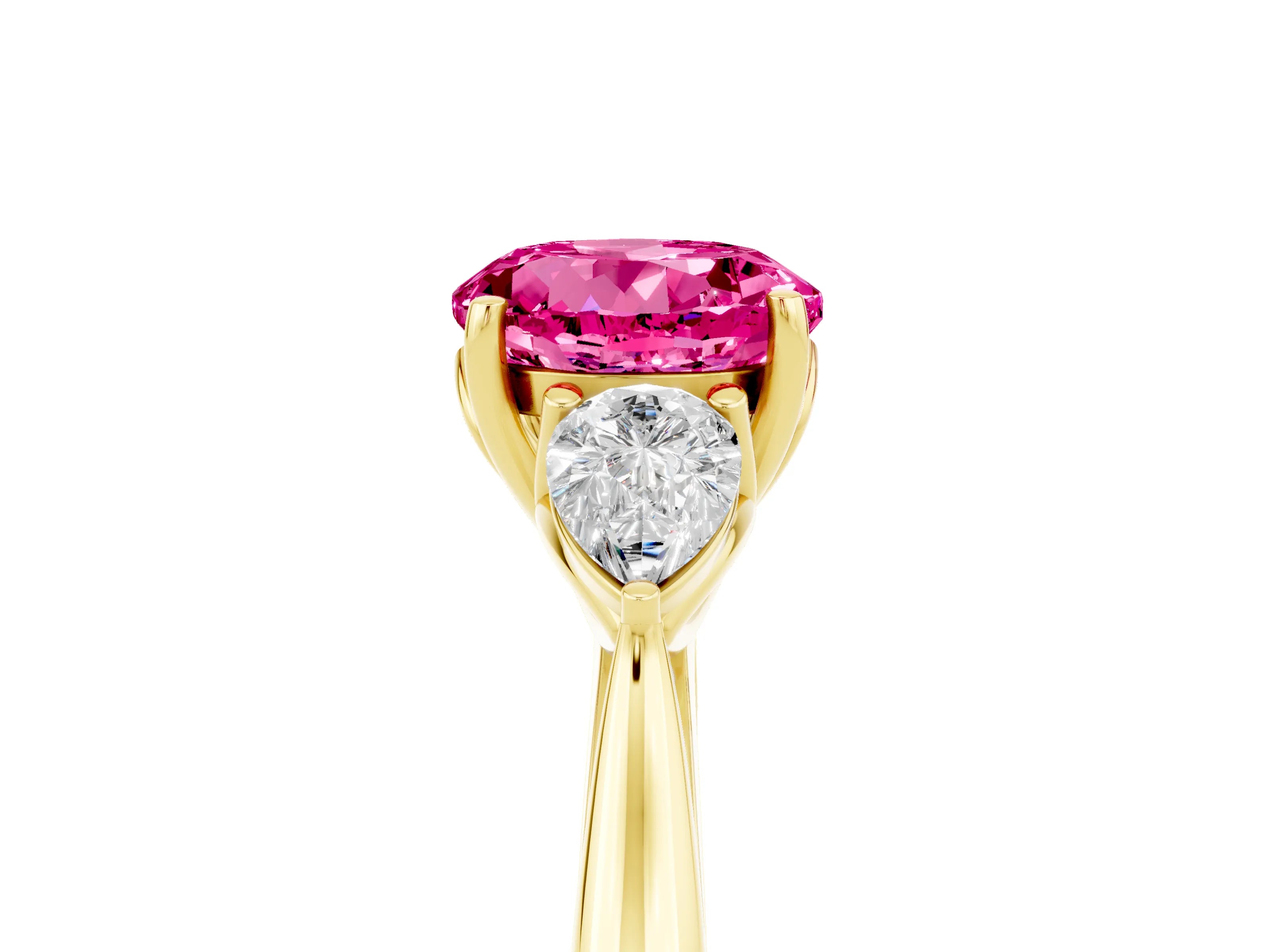 Yellow gold Three-Stone Round Cut Cut Diamond Ring with Pear Side Stones in Four-Prong Setting_5