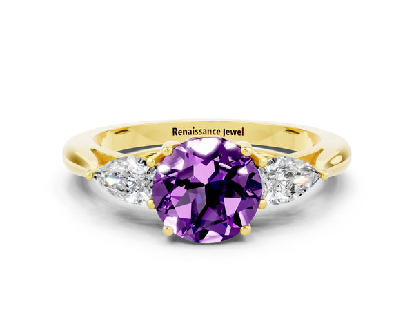 Yellow gold Three-Stone Round Cut Amethyst Ring with Pear  Side Stones in Four-Prong Setting