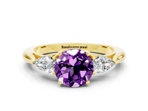 Yellow gold Three-Stone Round Cut Cut Diamond Ring with Pear Side Stones in Four-Prong Setting