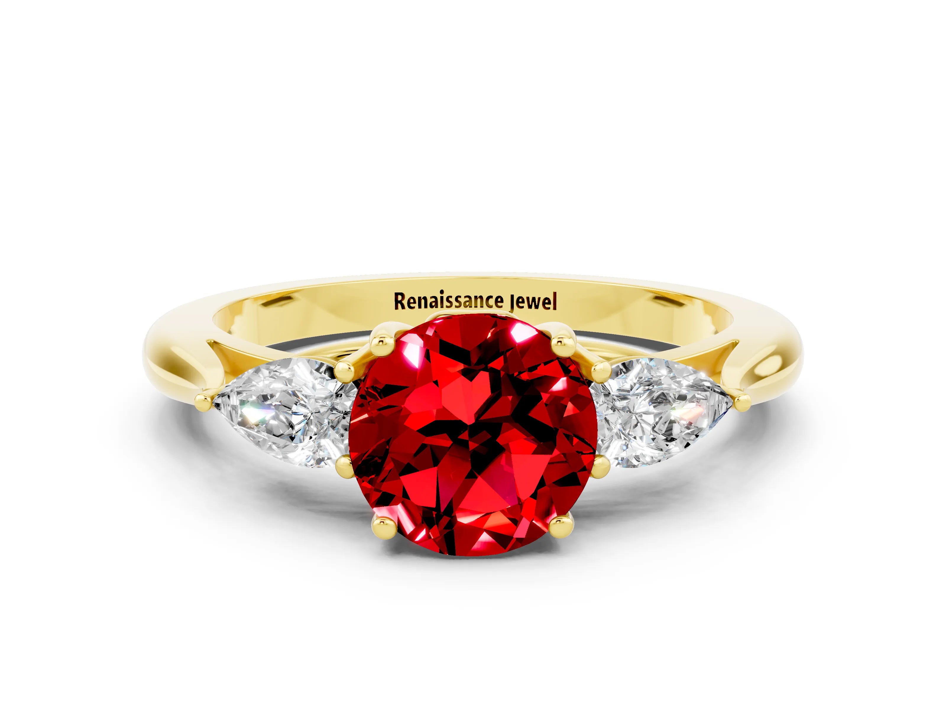 Yellow gold Three-Stone Round Cut Cut Diamond Ring with Pear Side Stones in Four-Prong Setting