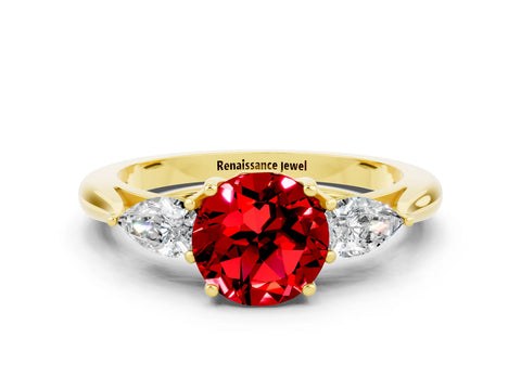 Yellow gold Three-Stone Round Cut Cut Diamond Ring with Pear Side Stones in Four-Prong Setting