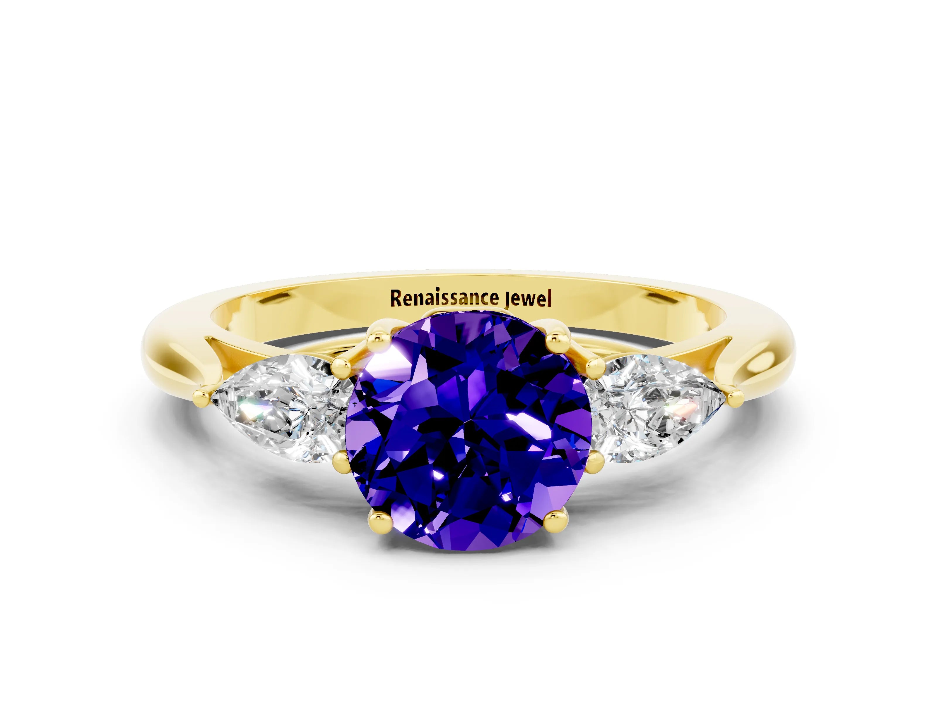 Yellow gold Three-Stone Round Cut Cut Diamond Ring with Pear Side Stones in Four-Prong Setting
