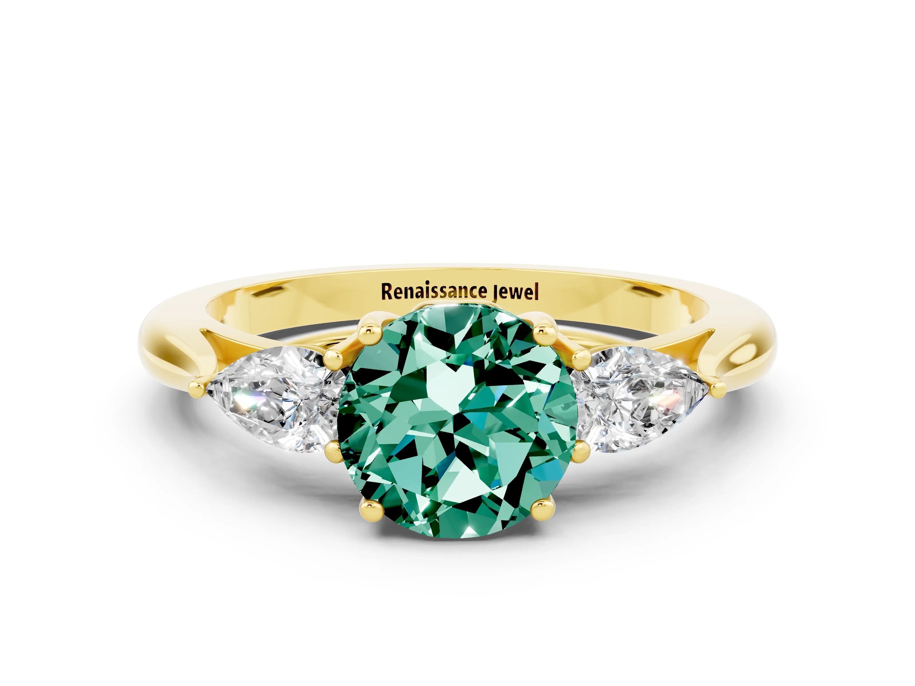 Yellow gold Three-Stone Round Cut Cut Diamond Ring with Pear Side Stones in Four-Prong Setting