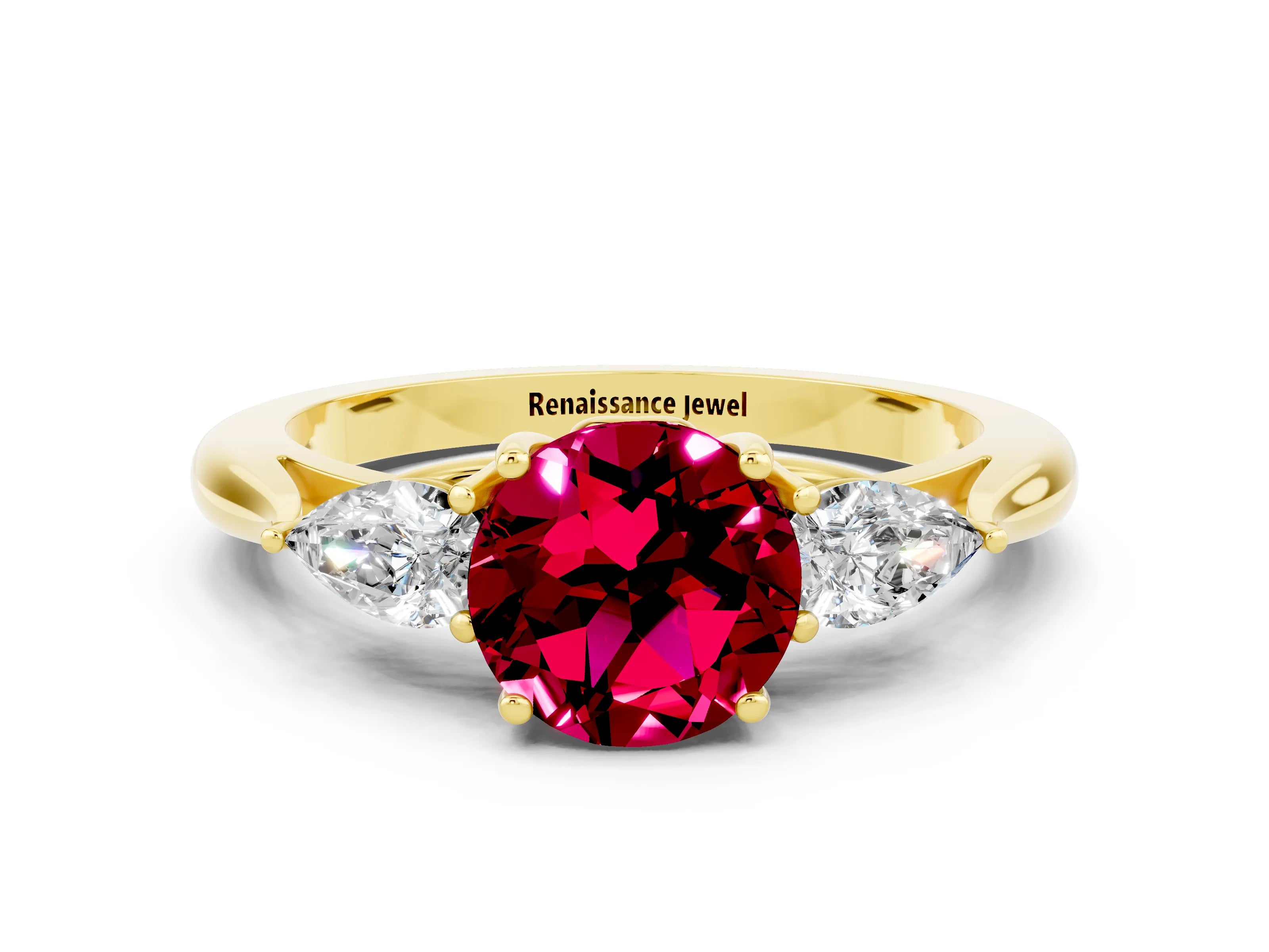 Yellow gold Three-Stone Round Cut Cut Diamond Ring with Pear Side Stones in Four-Prong Setting