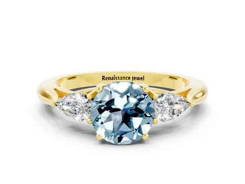Yellow gold Three-Stone Round Cut Cut Diamond Ring with Pear Side Stones in Four-Prong Setting