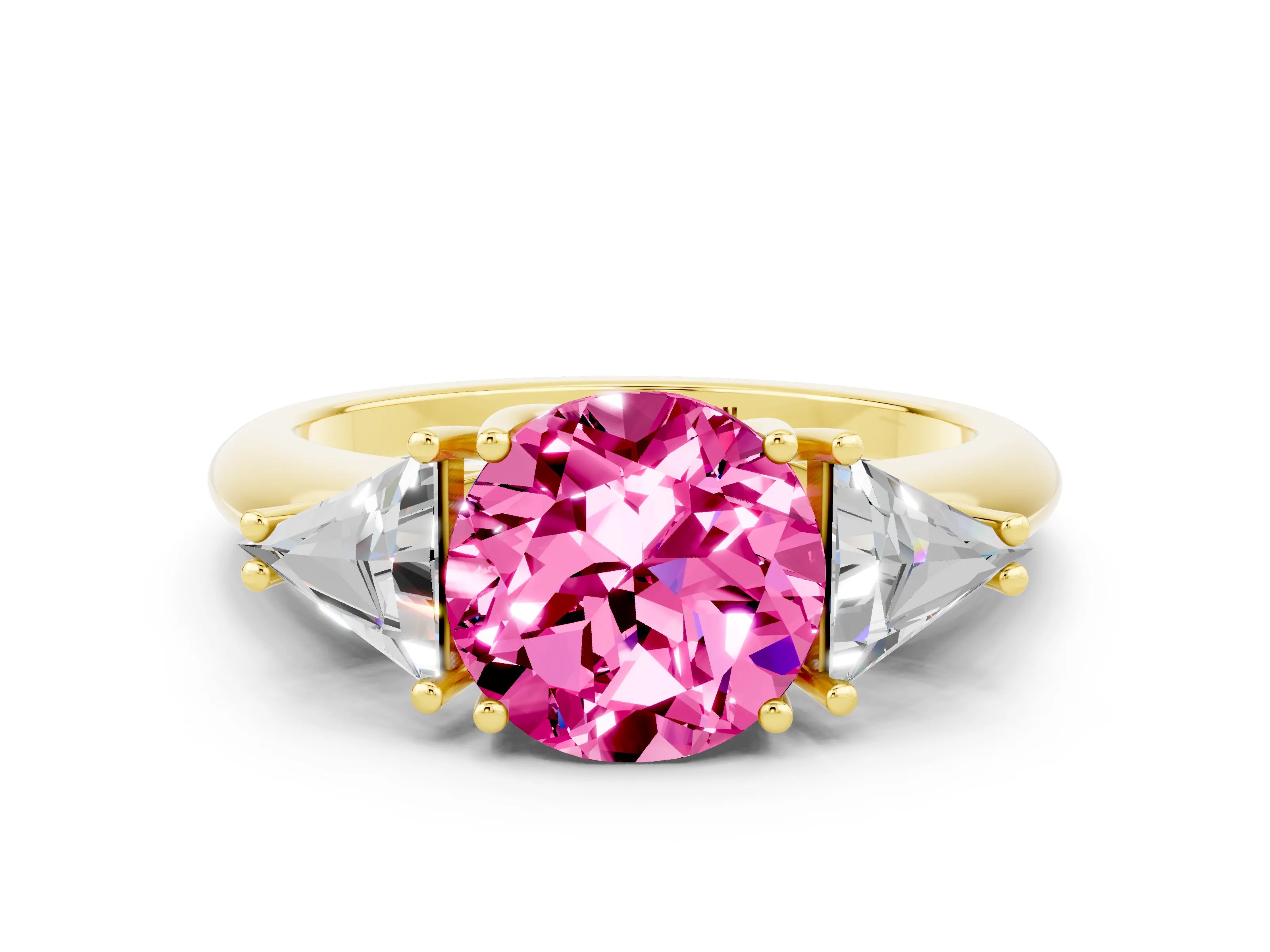Yellow gold Three-Stone Round Cut Cut Diamond Ring with Trillion Side Stones and Four-Prong Setting