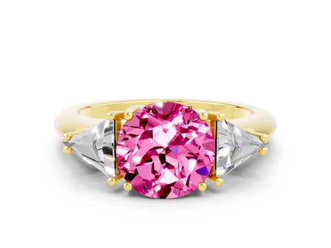 Yellow gold Three-Stone Round Cut Cut Diamond Ring with Trillion Side Stones and Four-Prong Setting