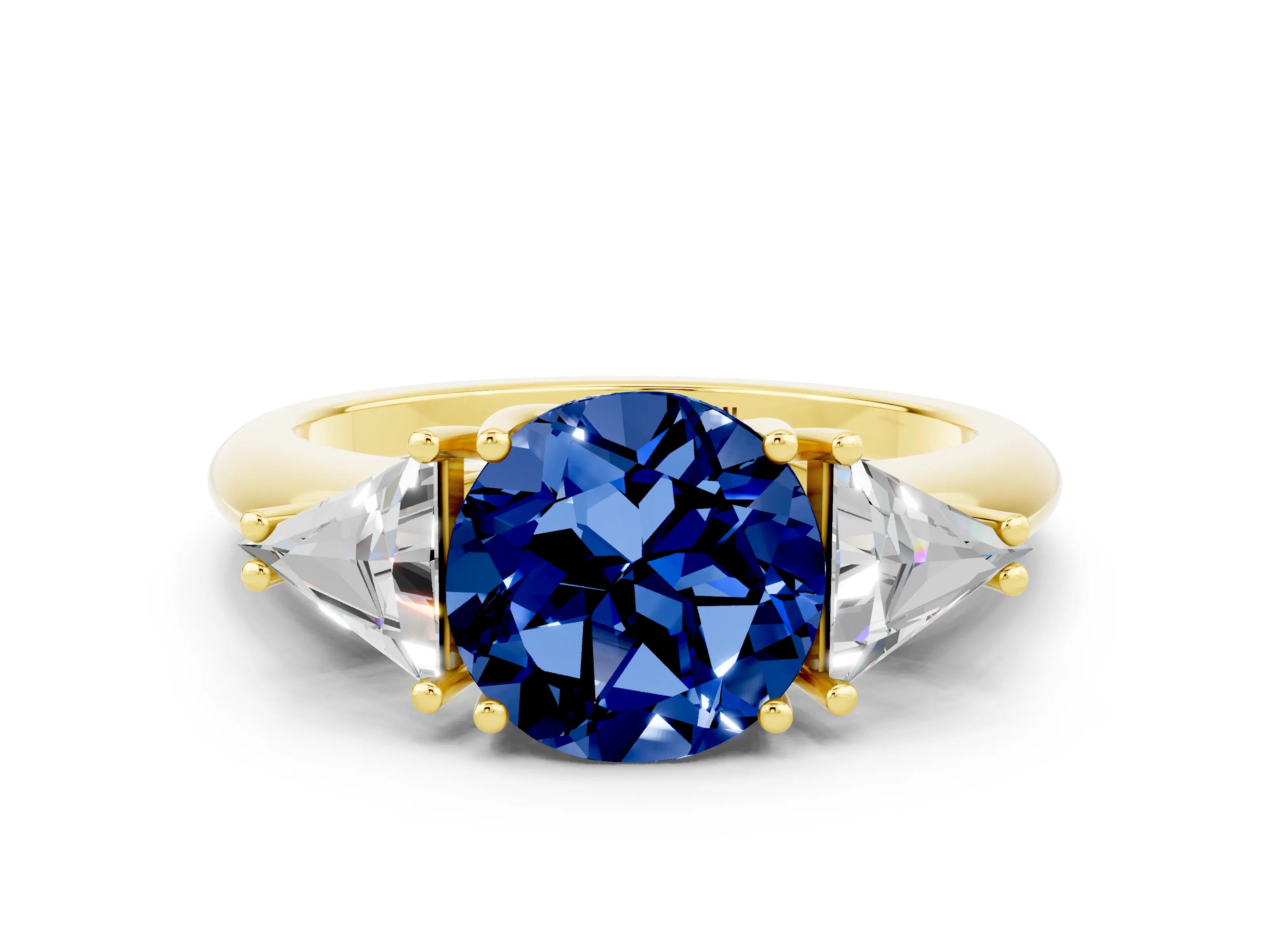 Yellow gold Three-Stone Round Cut Cut Diamond Ring with Trillion Side Stones and Four-Prong Setting