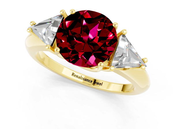 Yellow gold Three-Stone Round Cut Garnet Engagement Ring with Trillion Side Stones and Prong Setting