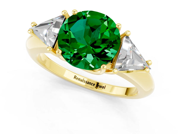 Yellow gold Three-Stone Round Cut Emerald Engagement Ring with Trillion Side Stones and Prong Setting