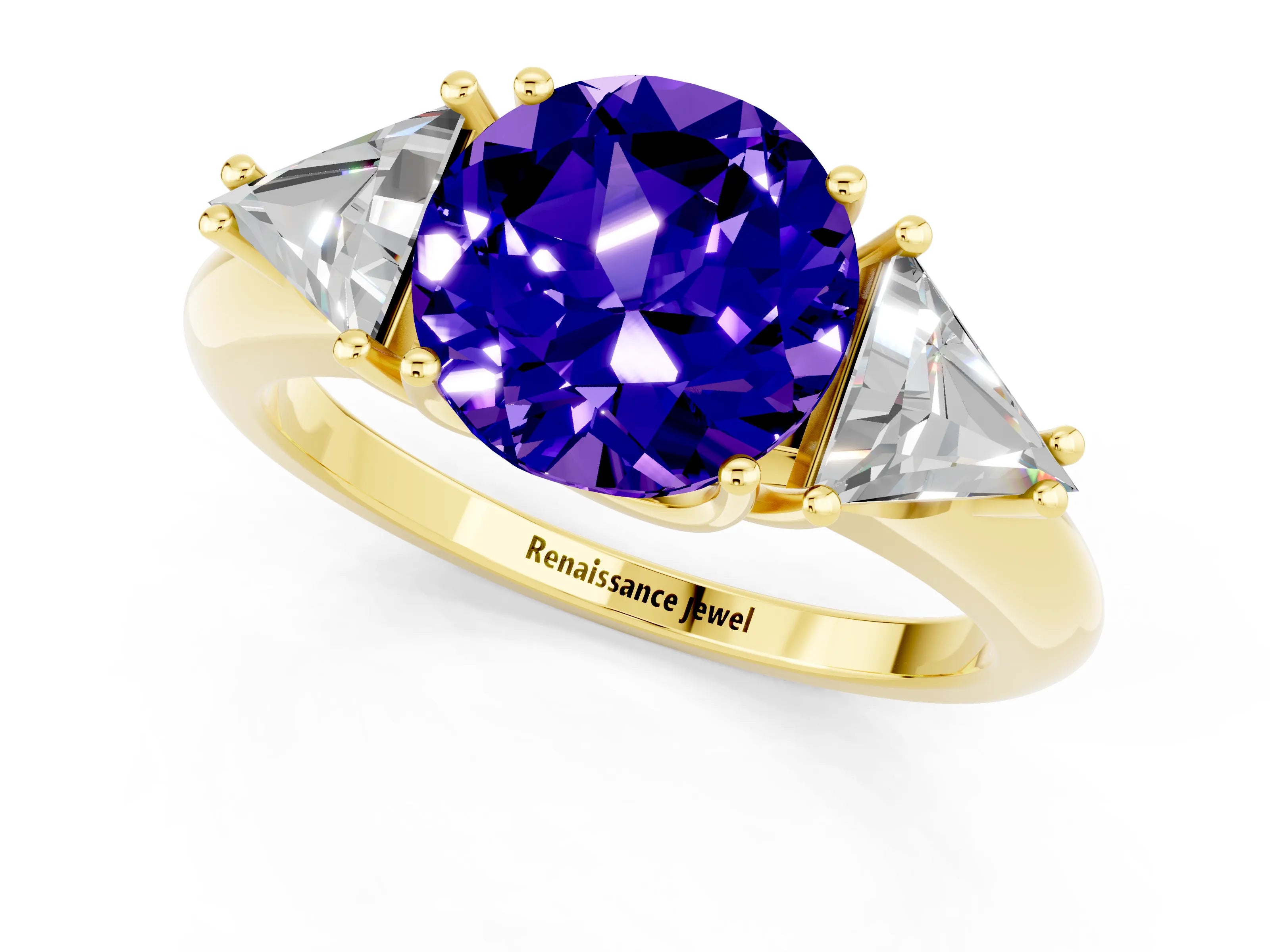 Yellow gold Three-Stone Round Cut Cut Diamond Ring with Trillion Side Stones and Four-Prong Setting_1