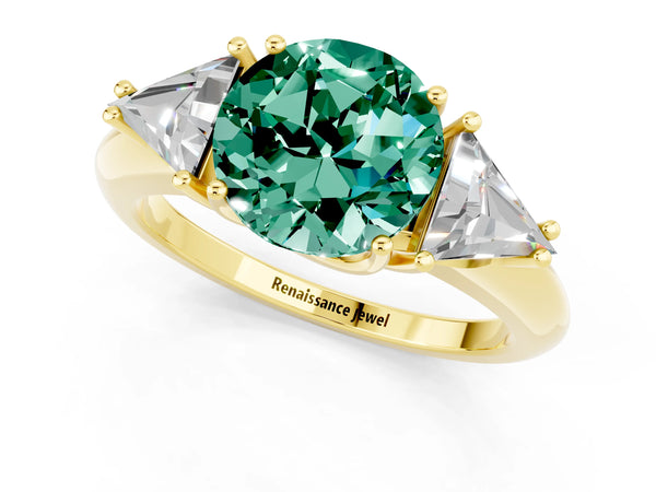 Yellow gold Three-Stone Round Cut Green Sapphire Engagement Ring with Trillion Side Stones and Prong Setting