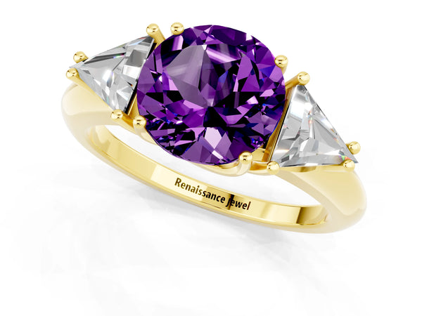 Yellow gold Three-Stone Round Cut Amethyst Engagement Ring with Trillion Side Stones and Prong Setting