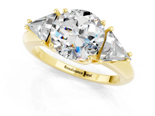 Yellow gold Three-Stone Round Cut Moissanite Engagement Ring with Trillion Side Stones and Prong Setting