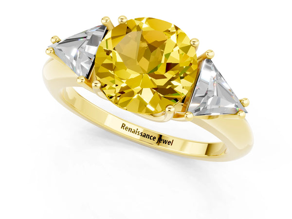 Yellow gold Three-Stone Round Cut Yellow Sapphire Engagement Ring with Trillion Side Stones and Prong Setting