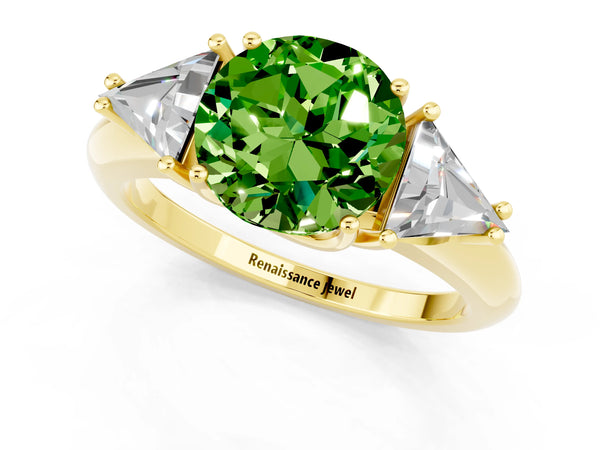 Yellow gold Three-Stone Round Cut Cut Diamond Ring with Trillion Side Stones and Four-Prong Setting