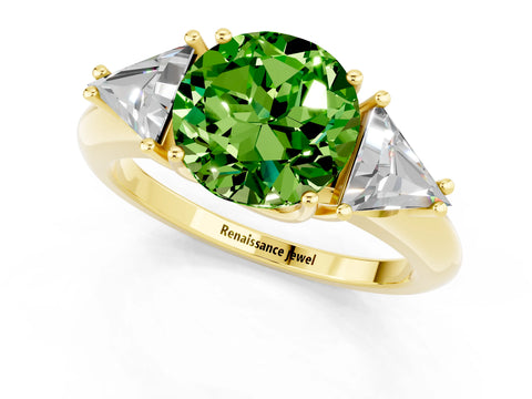 Yellow gold Three-Stone Round Cut Cut Diamond Ring with Trillion Side Stones and Four-Prong Setting_1