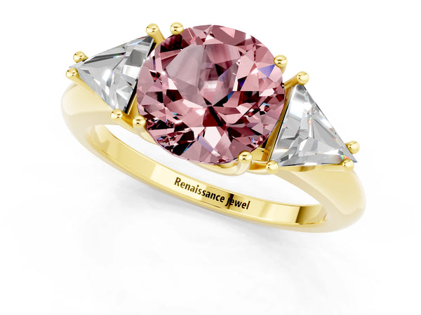 Yellow gold Three-Stone Round Cut Cut Diamond Ring with Trillion Side Stones and Four-Prong Setting