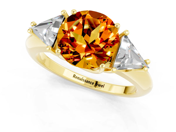 Yellow gold Three-Stone Round Cut Citrine Engagement Ring with Trillion Side Stones and Prong Setting