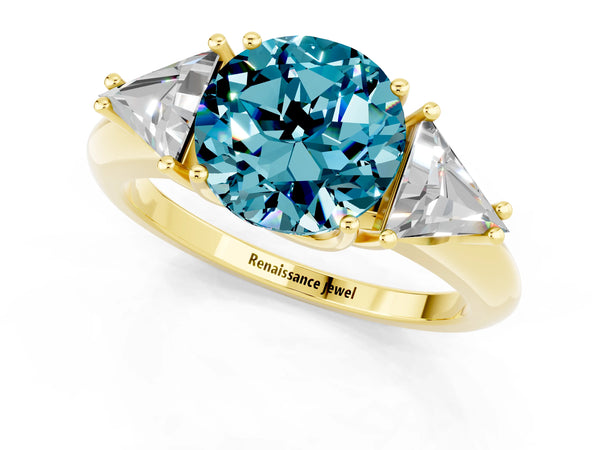 Yellow gold Three-Stone Round Cut Cut Diamond Ring with Trillion Side Stones and Four-Prong Setting