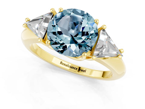 Yellow gold Three-Stone Round Cut Cut Diamond Ring with Trillion Side Stones and Four-Prong Setting_1