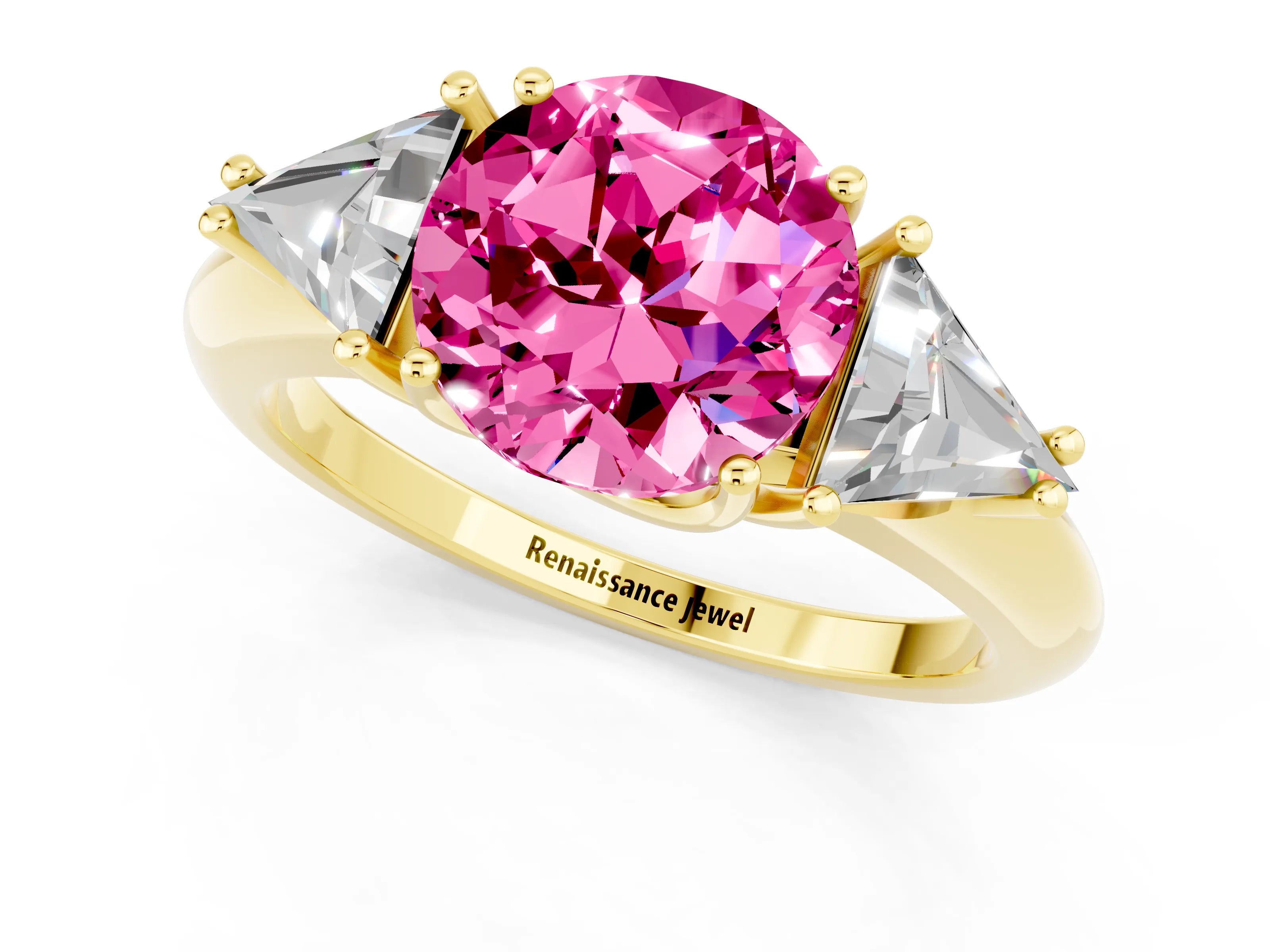 Yellow gold Three-Stone Round Cut Cut Diamond Ring with Trillion Side Stones and Four-Prong Setting_1