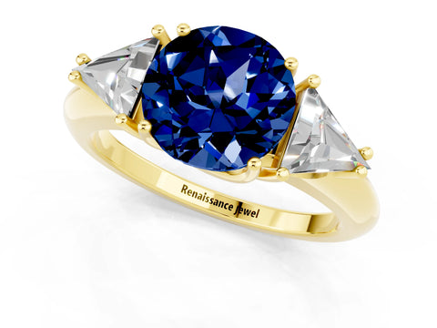 Yellow gold Three-Stone Round Cut Cut Diamond Ring with Trillion Side Stones and Four-Prong Setting_1