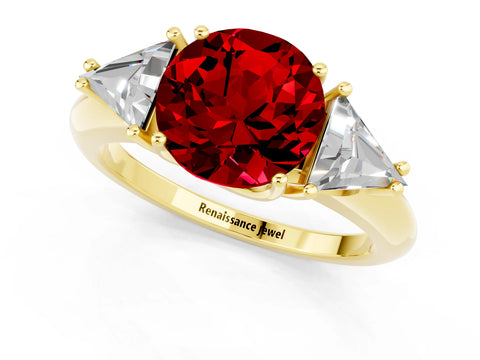 Yellow gold Three-Stone Round Cut Cut Diamond Ring with Trillion Side Stones and Four-Prong Setting_1